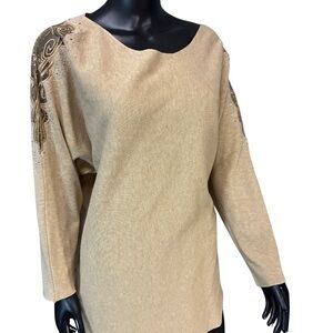 Chic Beige Sweater with Embellished Sleeves